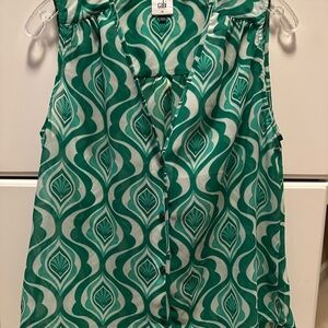 CAbi Green and White Scroll Blouse